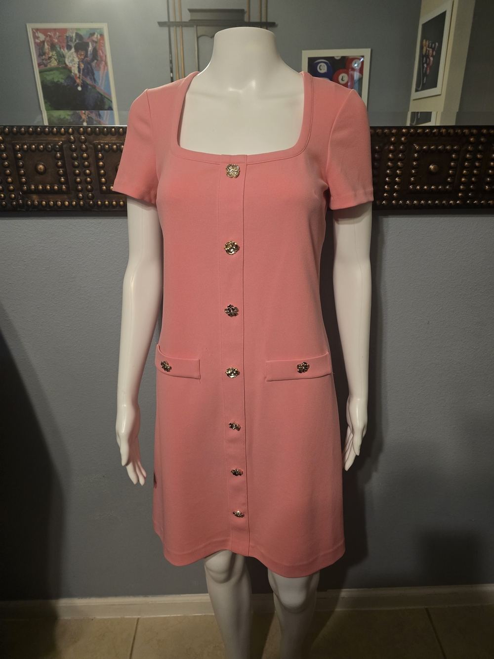 Karl Lagerfeld Paris Coral Pink Gold Flower-Button Square Neck Sheath Dress